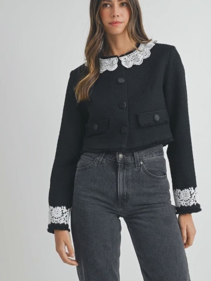 Lace Trim Collar Tweed Crop Jacket
